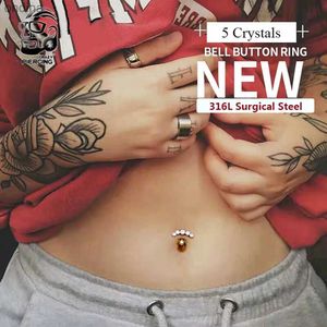 Pierścienie przycisków Bell Bell 14 g Dangle Belly Button Pierścienie dla kobiet dziewcząt 316L Stalowa stal zakrzywiona pępa pępka 5 kryształów biżuteria przebijanie ombligo yq240125