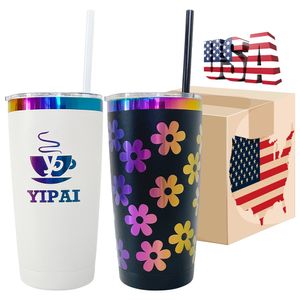 White and black 20oz rainbow coated tumbler holographic double walled stainless steel powder coated vacuum insulated mug with lid and straw for laser engraving