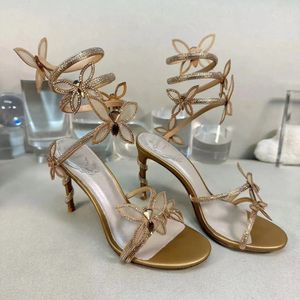 Butterfly Crystal Decorative High Sandals Stiletto Women Evening Dress Shoes 9.5cm Serpentine Wraparound Luxury Designer Women's High Heels With Box