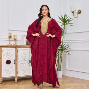 Ethnic Clothing Embroidered Gold Bubble Bead Bat Sleeve V-neck Loose Ruffled Long Dress Middle Eastern Muslim Women