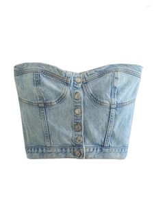 Canotte da donna Donna Y2K Denim Crop Top Canotta Chic Senza schienale con spalle scoperte Corsetto senza spalline Tubo Jeans con bottoni sexy