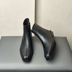 Moda erkek ayak bileği botları gerçek deri kare ayak parmağı İngiliz tarzı el yapımı rahat 2023 kış wam adam iş ayakkabıları