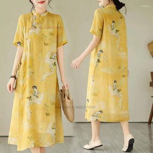 Etniska kläder 2024 Kinesisk vintage Cheongsamklänning National Flower Print Cotton Linen Improved Qipao Oriental A-Line Folk