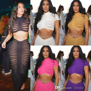 Sexy Mesh Knitted Two Piece Set Women Designer Nightclub Clothes Short Sleeve Crop Top And Low Waist Wrap Hip Skirt Sets For Ladies 2PCS Outfits