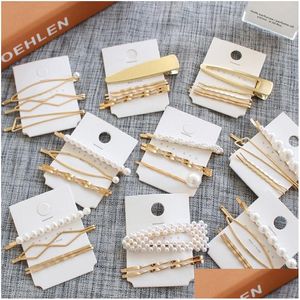 Hårklipp Barrettes Metal Pearl Hair Clips Combination Sweet Bangs Clip Women Simple Designer Geometry Hairpin Gold Wholes DH23F