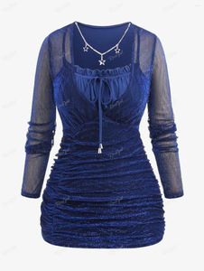 Kvinnors T-skjortor Rosegal Plus Size Ruffle Tie Ruched Mesh T-shirt Blue Star Chain Panel Toppar Kvinnor Fall Spring Streetwear Long Sleepes