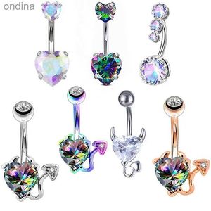 Navel Bell Button Rings 1 Pcs Body Punk Devil Heart Belly Button Rings 14G Heart Surgical Steel Navel Barbells Iridescent CZ Body Piercing YQ240125