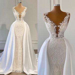Elegant Mermaid Wedding Dresses Lace Appliques Overskirts Bridal Gowns V Neck Beaded Sleeveless Bride Dresses Custom Made