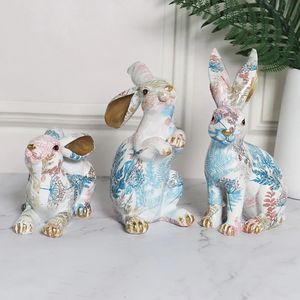 Cute Rabbit Statue Resin Bunny Sculpture Home Room Decorative Art Ornaments Painted Jade Rabbit Figurines Easter Decoration Gift 240119