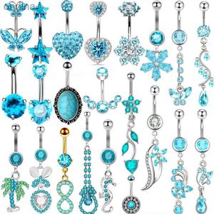 Navel Bell Button Rings 1PCS Blue Crystal Belly Button Rings 14G Heart Navel Piercing Barbell Cluster Flower Belly Rings Dangle Earring Piercing Ombligo YQ240125