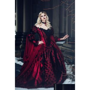 Ballkleid Brautkleider Gothic Rot und Schwarz Mittelalter Renaissance Fantasie Lange Ärmel Viktorianisch Vampire Keltisch Besonderes OCN-Kleid Dhbsw