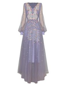 Sexig Runway Spring Female Luxury High Quality Fashion Party Purple Embroidery Casual Mesh Pretty Chic Celebrity Slim Fit Classic Super Maxi Dress