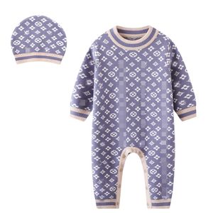 Luxury Designer Rompers Newborn Clothes Winter Warm Wool Knitted Bodysuit Baby Boys Jumpsuit Toddler Infant Rompers Hat 2pc Clothing