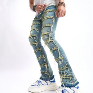 Mäns jeans män stilfull vintage rippad lapp smala raka cyklist byxor streetwear manlig casual denim byxor