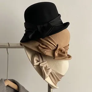 Berretti Delfino Donna Lana Cappello da pescatore stile britannico Bacino Hepburn Elegante top da donna Nastro di seta Grondaia piccola