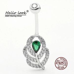 Takı Hellook yeni yaprak göbek düğmesi yüzüğü yeşil zirkon göbek delme yüzüğü 925 Sterling gümüş göbek delici gövde mücevher