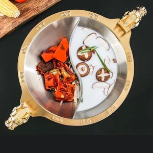 Rostfritt stål Gasinduktion Spisen Hot Pot Golden Dragon Head Mandarin Duck Hotpot Round Divider Chafing Dish Cooking Cookware