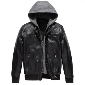 Men's Jackets Mens Pu Leather Hooded Winter Fleece Thick Warm Fit Motorcycle Windbreaker Vintage Patchwork Detachable Cap Short Coats