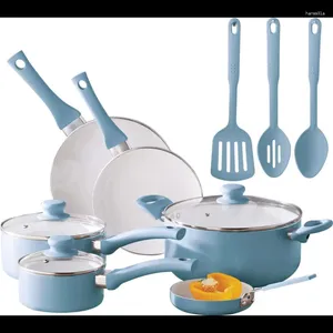 Cookware Sets Mainstays 12pc Ceramic Set Blue Linen Non Stick Cooking Pot