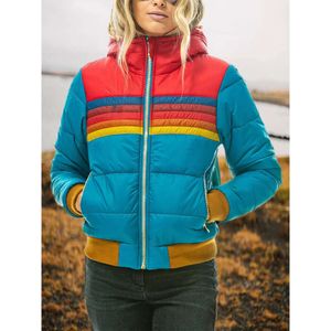 Kvinnorjackor donsignet Women Down Coat Casual Rainbow Fashion Zip-up randig plus storlek Hat 54