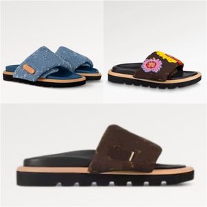 Designer-Schuhe, Pool-Kissen, Damen-Hausschuhe, seitlich, Sonnenuntergang, flach, bequem, Pantoletten, gepolsterter Vorderriemen, Slipper-Seite, modische, leicht zu tragende Pantoletten