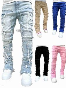 Pilha jeans masculino roxo regular ajuste empilhado remendo angustiado destruído calças retas streetwear roupas estiramento perna eua tamanho efdz