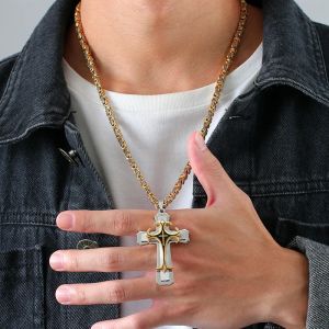Rock Cross Necklace for Men,14K White Gold Stylish Byzantine Chain,Catholic Crucifix Pendant Collar Jewelry