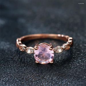 Wedding Rings Cute Female Pink Round Zircon Stone Ring Small Thin Rose Gold Color Engagement For Women Bride Jewelry Gift