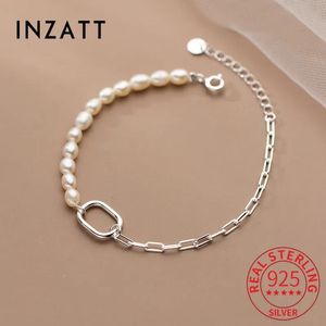 Bangles Inzatt Real 925 Sterling Silver Hollow Square Pearl Assimetria Pulseira de Cadeia para Mulheres Bonito Jóias Finas Acessórios Minimalistas