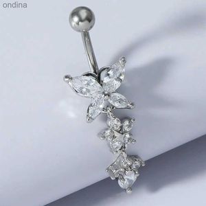 Anéis de botão de sino de umbigo moda brilhante borboleta flor zircão pingente de aço inoxidável umbigo anel lindo piercing de umbigo corpo moda jóias YQ240125