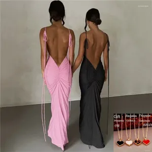 Casual Dresses 2024 Spaghetti Strap Sexig backless Maxi Dress Outfits Women Elegant Birthday Vestido Summer Solid Club Party Ruched