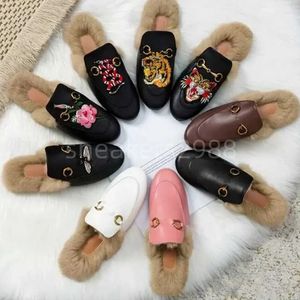 Designers half slipper princetown suede velvet Women sandals embroidery leather slippers rabbit fur winter plush slipper luxury warmth
