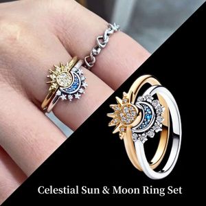 Hot Sale Sterling Sier Gold Moon And Sun Ring Set Diamond Heart Sparkling Rings For Women Fine Jewelry Party Gift Charming