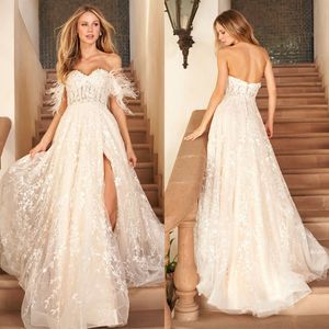 Modern Feather Wedding Dresses Lace Off Shoulder Bridal Gowns Princess A Line Side Split Bride Dresses Custom Made Plus Size