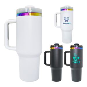 USA Warehouse Travel Mug Powder Coated Vacuum Isolated Black White Holographic H2.0 40oz Rainbow Plated Tumbler med lock och halm för solrosslasergravering