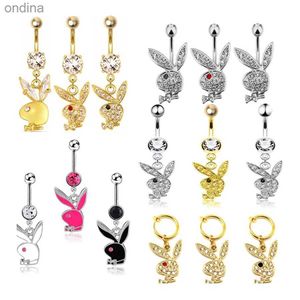 Navel Bell Button Rings 1pc Belly Button Rings Bunny Navel rings Gold color Rabbit Belly Rings for Women Gem stone Pink Bunny Fake Belly Piercing Ring YQ240125