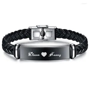 Link pulseiras masculino luxo mão-tecido pulseira de couro logotipo personalizado nome de aço inoxidável feminino punk jóias presente para marido amigos