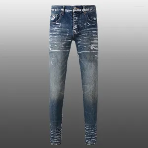 Jeans masculinos primavera alta rua azul escuro prata pintura design para homens calças de motocicleta skinny streetwear jean hombre