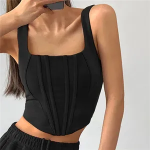 Serbatoi delle donne 2024 Estate Crop Top Sexy Collo Quadrato Stretto Backless Corto Top Senza Maniche Canotta Donna Casual Tinta Unita di Base canotta