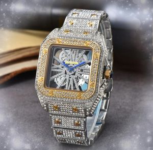 Hip Hop Iced Out Men Skey Starry Hollow Skeleton Dial Watch Square Diamonds Ring Quartz Mens Gold Calendar Steel Clock Chain Bracelet Watches Montre De Luxe Gifts