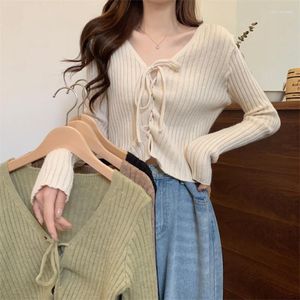 Women's Knits V-Neck Knitted Long Sleeve Tops Lady Lace Up Cardigan Thin Sweaters Female Outwear Autumn Winter