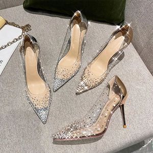 Diamant spitzer Zehenbereich mit Kristallen, transparente Strass-Schuhe für Damen, Hochzeit, Brautschuh auf durchsichtigen Pumps mit Absatz, Y2k 39 E 240119