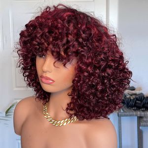 Jerry Curly Human Hair Wigs With Bangs Ingen Full Spets Frontal Wigs Bourgogne Red /Black /Blonde Colored Wigs for Women Short Bob Wig Wig