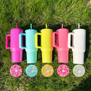 Büyük Kapasiteli Boş Süblimasyon Seyahat Kupa Mat Renkli Macaron 40Oz Söndürücü Çift Duvarlı Paslanmaz Çelik Tumbler İnciler Bling Rhinestone Kapağı, Dava