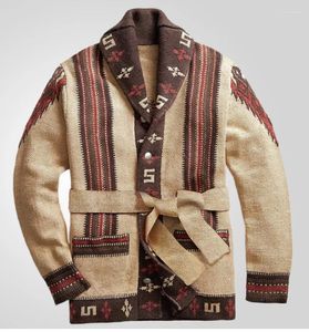 Męskie swetry retro jacquard sweter swobodny swobodny swetra z paskiem jesienne zimowe swetat mąca kurtka klapowa dzianinowa odzież uliczna