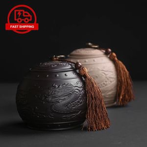 Vintage Purple Clay Tea Caddy Large Round Ceramic Storage Tank Sealed Pu'er Tea Box Dragon Series Tea Container Jars With Tassel 240119