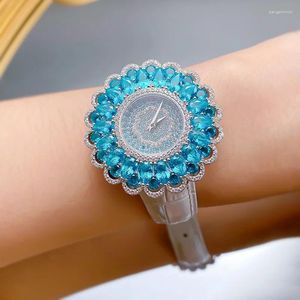 Armbandsur Zoca 925 Sterling Silver Watch Luxury Bling High Quality Paraiba Turmaline Gemstones Armband för Women Clock