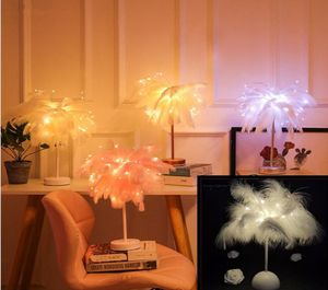 Creative Feather Table Lamp Warm White Light Tree Feather Lampshade Girl Led Wedding Decorative Lights Pink White Birthday Gift4209933