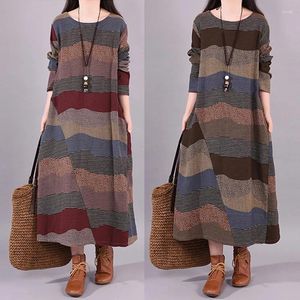 Casual Dresses Vintage Elegance Loose Stitching Striped Cotton And Linen Round Neck Long Sleeved For Women Vestidos Para Mujer