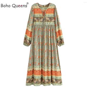 Sukienki swobodne boho Queens Kobiety kwiatowy pasek z druku bręczony plażę bohemian maxi sukienka damskie długie rękawie bawełniane sundress